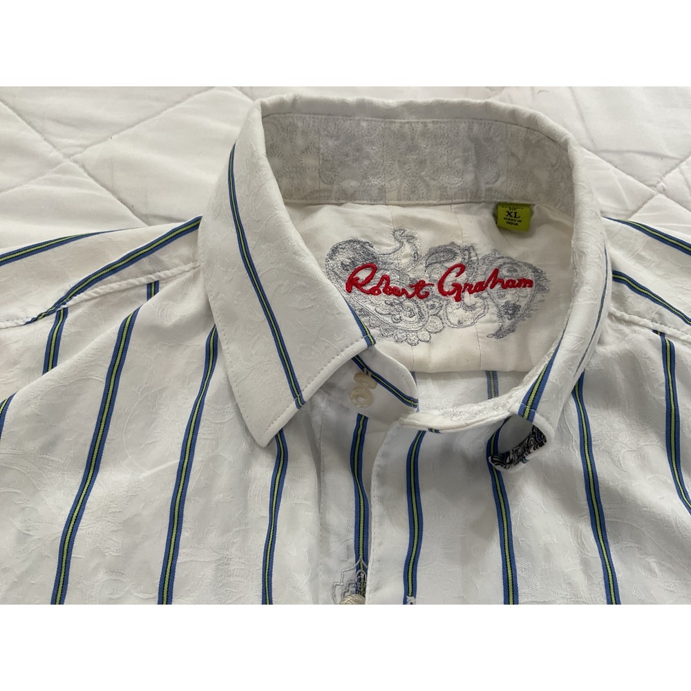 Robert Graham Mens XL White Striped Floral Jacquard LS Button Down Shirt
